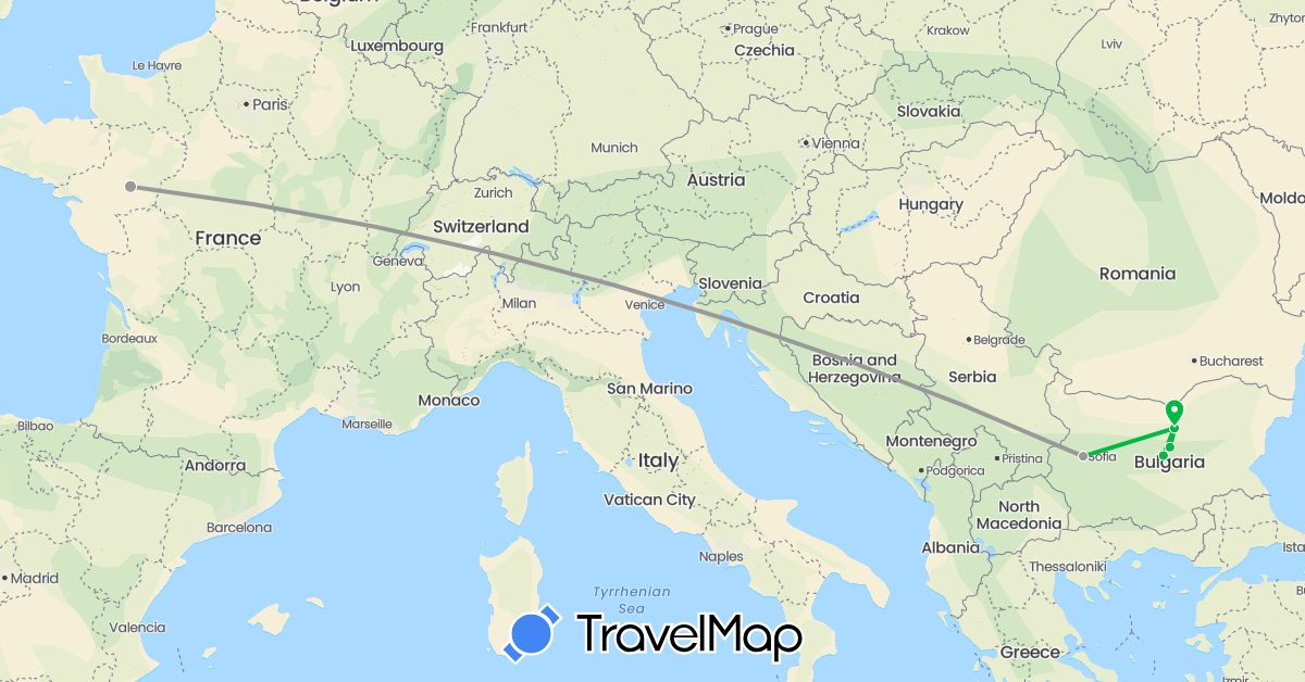 TravelMap itinerary: bus, plane in Bulgaria, France (Europe)